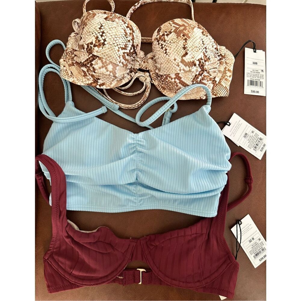 🌸 Shade and Shore 3x Bikini Tops Size 32B New Brown Maroon Blue